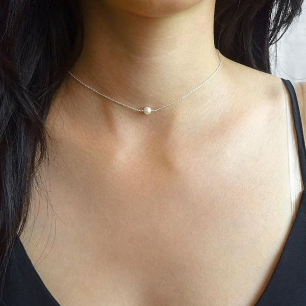 

simple pearl beads strand necklace women string beaded short choker jewelry clavicle gift chains, Silver
