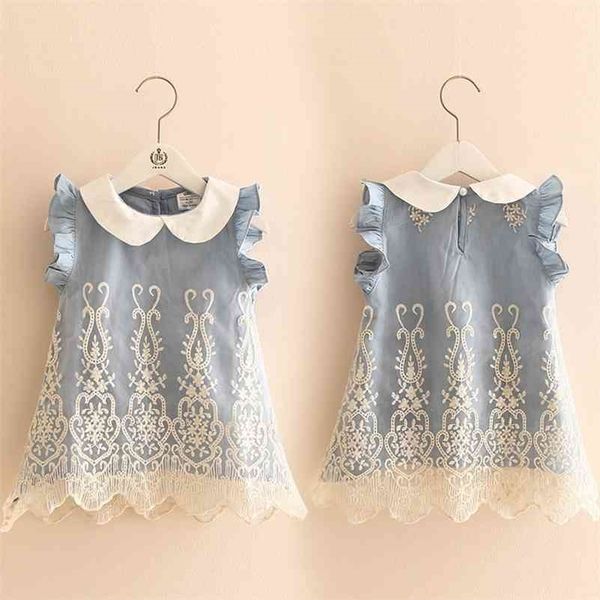 

summer 2-10 years old beautiful children kids pleat peter pan collar fly sleeve party lace blue denim vest dress for girls 210701, Red;yellow