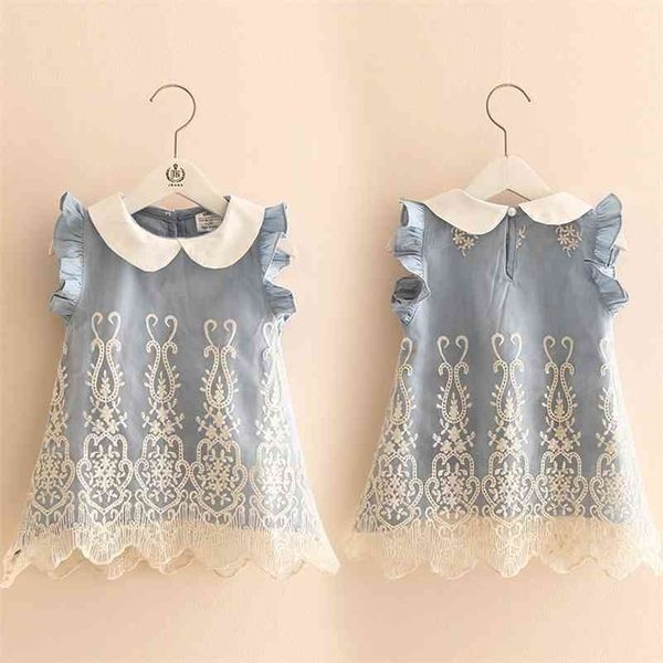 Verão 2-10 Anos Crianças Bonitas Crianças Crianças Preto Peter Pan Collar Fly Sleeve Party Lace Blue Denim Vest Vestido para meninas 210701