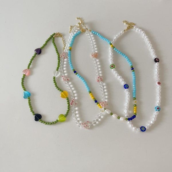

chains korean fashion colorful little daisy flower beaded necklace for women bohemian beads clavicle chain choker jewelry, Silver