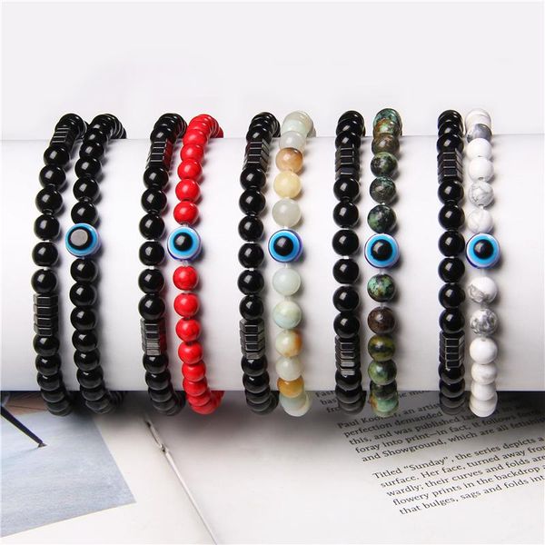 

beaded, strands turkish bracelet men blue evil eye charm bracelets natural amazonite howlite polished onyx hematite beads bangle women jewel, Black