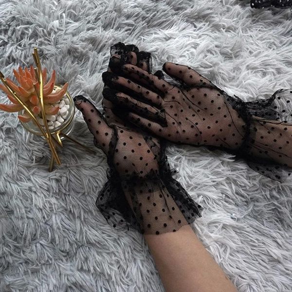 

five fingers gloves women sheer lace short tulle full finger vintage polka dot ruffled trim sunscreen mesh prom evening party mittens, Blue;gray
