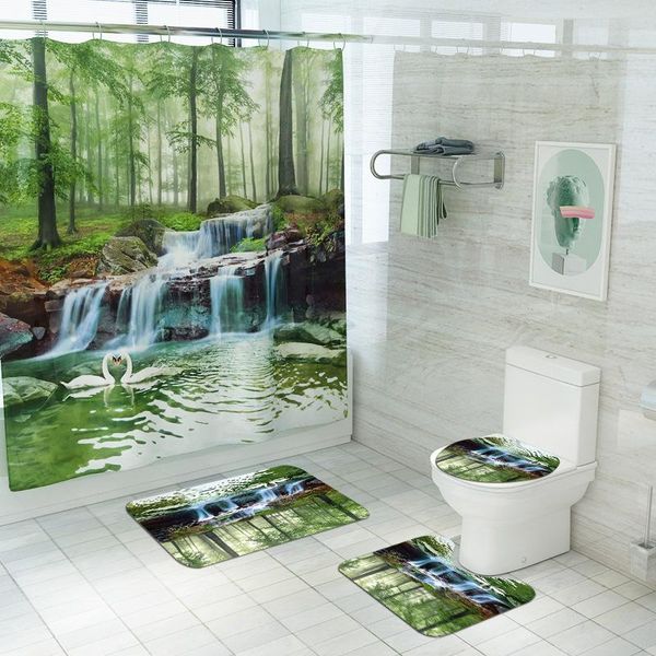 

shower curtains forest landscape green fabric curtain set waterproof swan lake bathroom toilet cover mat non slip rug home decor