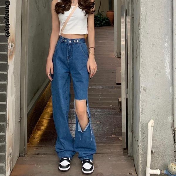 

women's jeans korean version of the retro blue women high waist loose casual bf wide-leg denim ripped