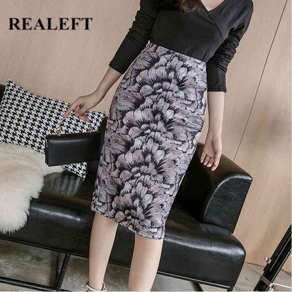 

vintage floral printing sheath wrap skirts high waist zipper back split pencil midi womens spring summer 210428, Black