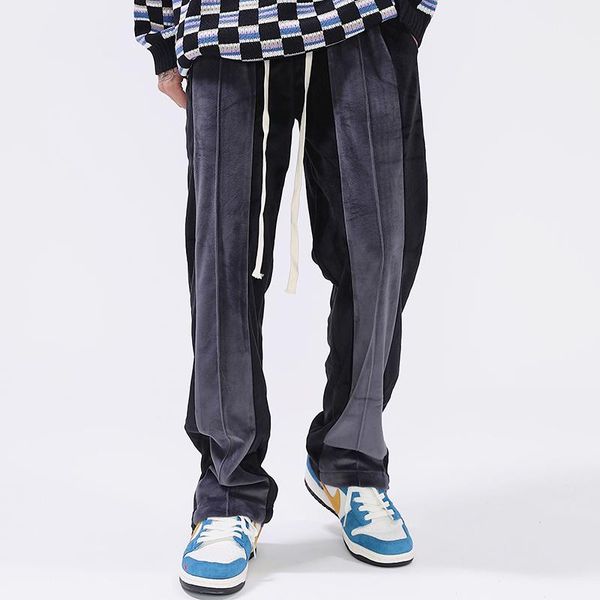 

men's jeans drawstring striped color match velvet casual sweatpants mens and womens straight oversized loose vibe style fleece trousers, Blue