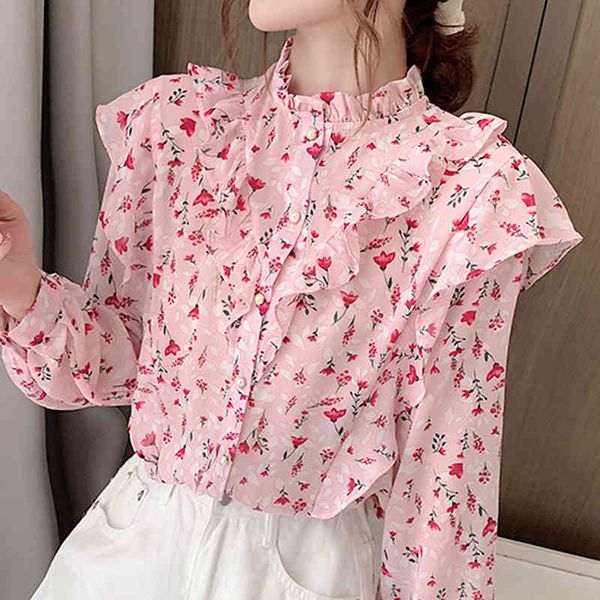 

fall long sleeve blouse women blusas mujer de moda stand collar ruffles chiffon blouse shirt blusa women clothing d830 210426, White