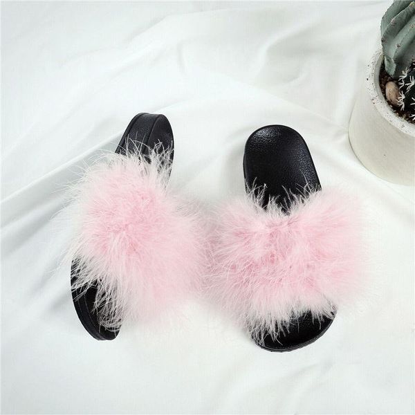 

women fur hair slippers furry sliders ladies flip flops fluffy flat outdoor house slipper, Black