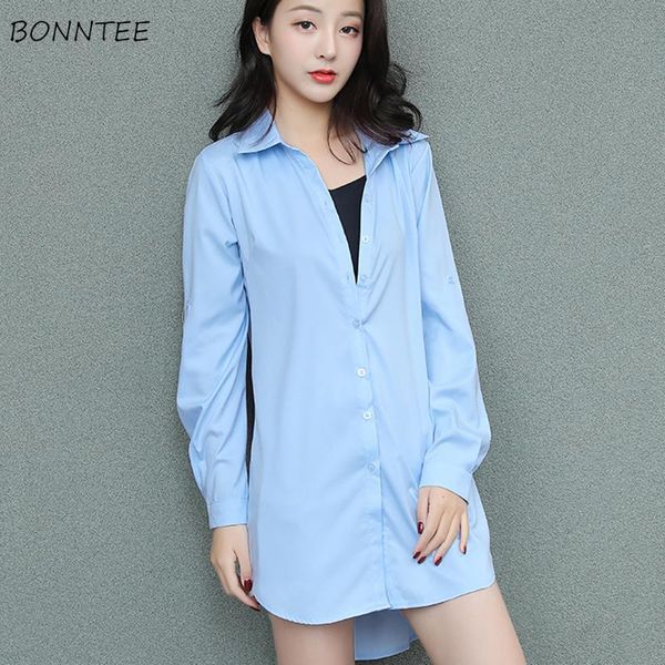 

women's blouses & shirts women turn-down collar solid shirt long sleeve korean womens bf oversize loose ladies straight all-match, White