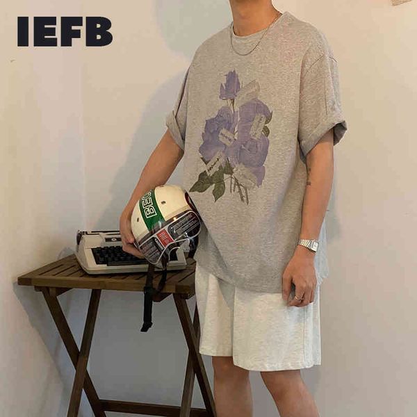 IEFB Purple Rose Print с коротким рукавом футболка мужская летняя мода корейских свободных негабаритных серых повседневных тройников круглые воротники 9y7432 210524