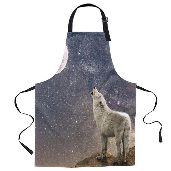 

aprons howling wolf moon night starry sky kitchen nail shop apron for women men kids dinner party cooking baking accessories