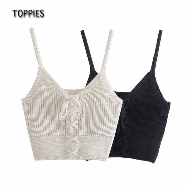 

summer bandage camis hollow out knitted cropped female white black tube 210421