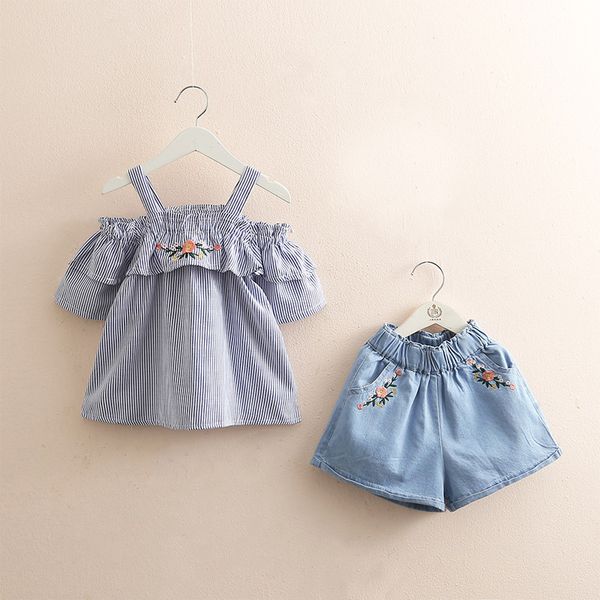 

2021 fashion 3 4 -11 12 years cotton striped embroidery off shoulder strap t-shirt + shorts 2 pieces baby kids girls summer sets, White;black