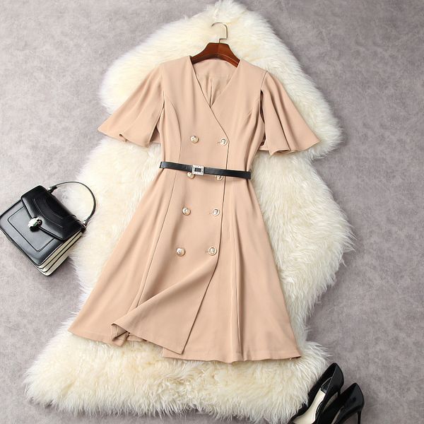 

casual dresses european and american women's clothing spring v-neck with flounce sleeve fashionable double-breasted belt dress kfy7, Black;gray