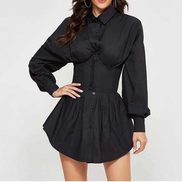 

casual dresses seebeautiful fashion summer 2021 shirt type lapel long sleeve single breasted waist seal belt loose dress women w294, Black;gray