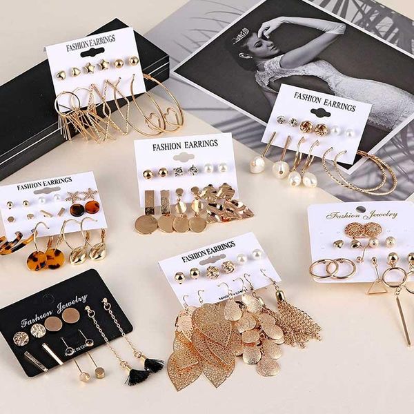 

stud 2021 fashion tassel crystal beads earrings set for women bohemian geometric pearl flower big earring jewelry, Golden;silver