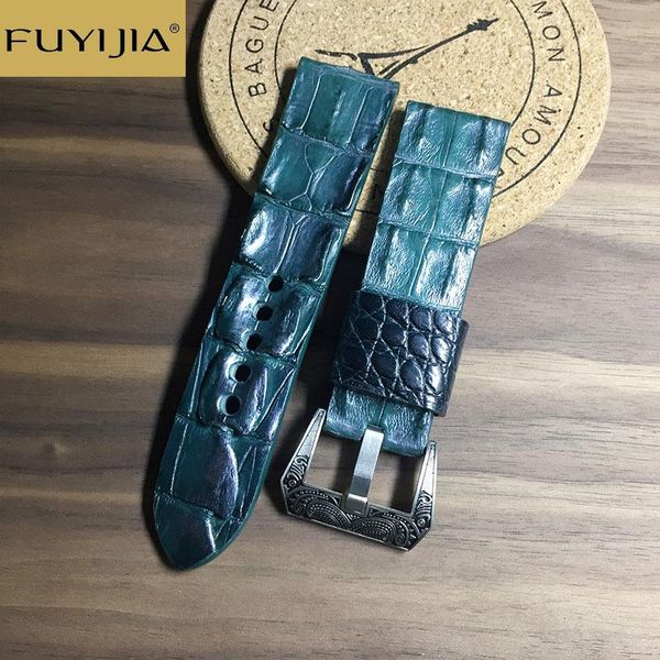 

watch bands fuyijia crocodile back bone skin strap custom 20mm 22mm 24mm watchbands men carved pin buckle band genuine alligator belt, Black;brown