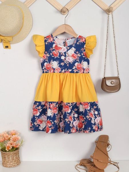 

toddler girls floral print ruffle trim smock dress she, Red;yellow