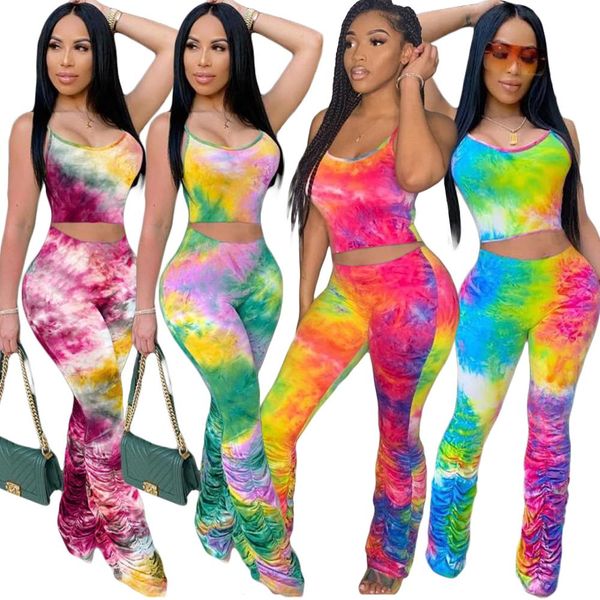 

2021 women sets trasuits tie-dye print crop staed pants suit two piece set night club party outfits 2 pcs matching setby a, White