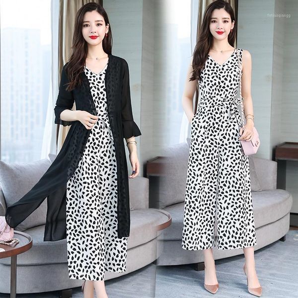 

summer korean fashion wide-legged pants suit two-piece casual clothing set jumpsuits shawls long coat leisure women's tracksuits, Gray