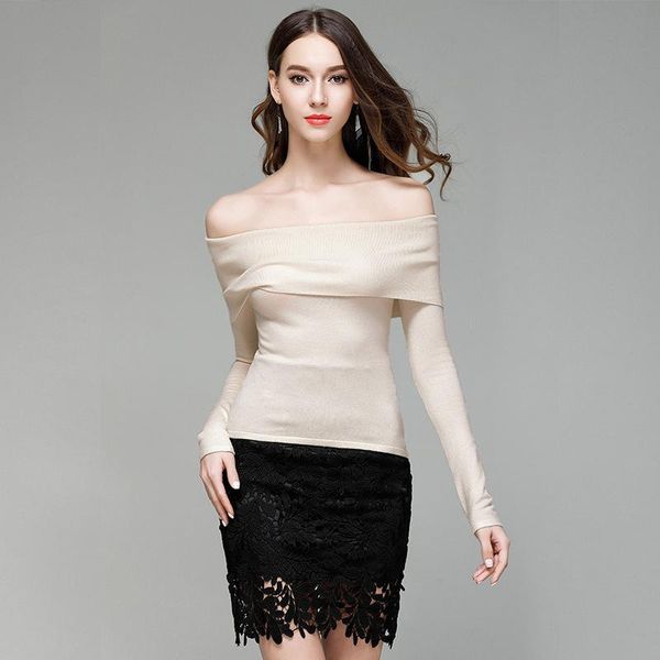 

women's sweaters 2021 spring european and american women one-neck sweater knitwear off-shoulder bottoming shirt, White;black
