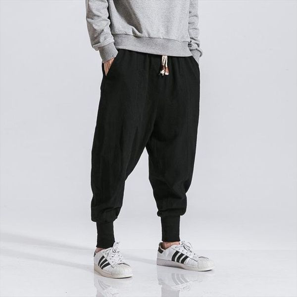 

streetwear harem korean style women pants casual cotton linen trouser man jogger spring baggy, Black