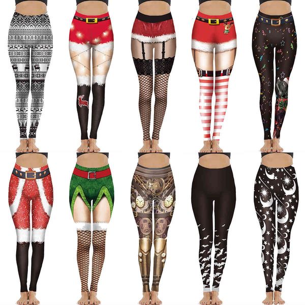 

women's women fashion 3d digital printing funny printed elastic christmas skinny leggings, Black