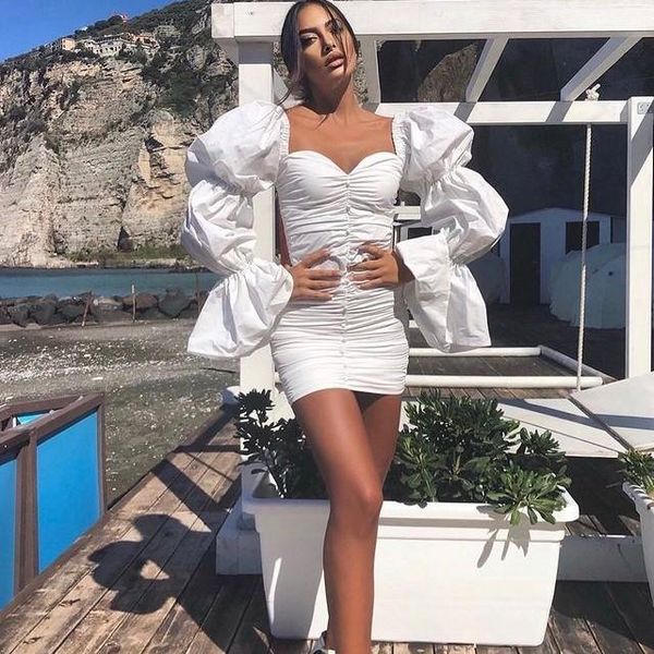 

women's ruched bodycon dress ladies casual solid color petal sleeve square collar white mini party cocktail dresses, Black;gray