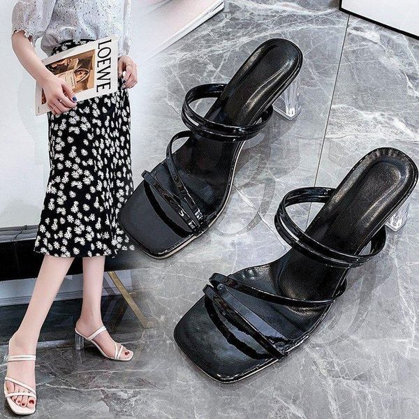 

sandals 2021 female summer slippers ladies high heels square open toe sandal party shoes women for, Black