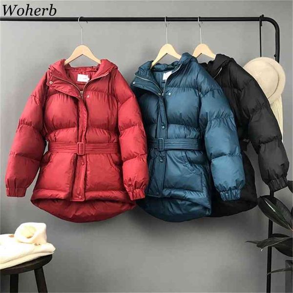 

abrigos mujer invierno parka women winter hooded wadded jackets padded coats female puffer jacket belt chaquetas 210519, Black