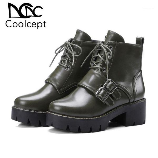 

boots coolcept women pu leather round toe fashion ankle buckle cross strap motorcycle tuick bottom footwear size 32-431, Black