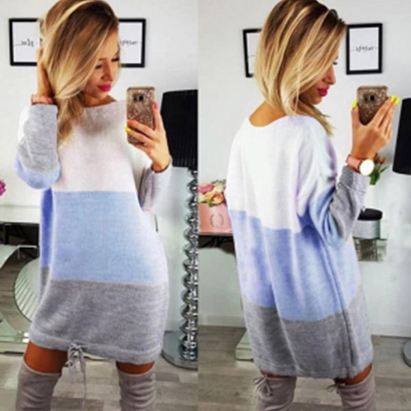 

women's sweaters fashion colors patchwork long sleeve 2021 autumn and winter casual knit sweater loose mini dress, White;black