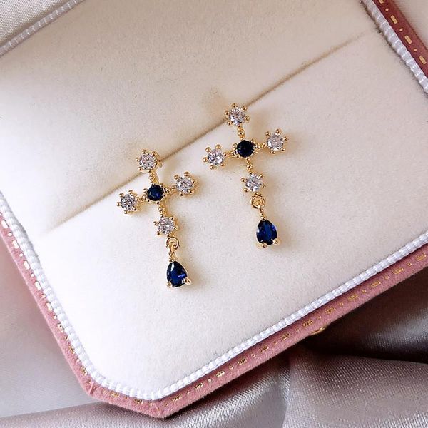 

korean fashion blue crystal cross pendant earrings women simple zircon statement party jewelry anniversary gift dangle & chandelier, Silver