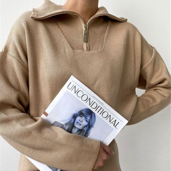 

women's sweaters women zipper loose knitted sweater winter fashion 2021 khaki casual pullovers solid long sleeve female jumpers, White;black