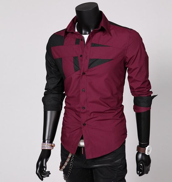 

men's dress shirts casual stylish long sleeve designer button down slim fit winered shirt arrival, White;black