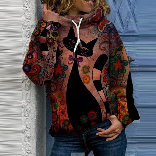 

2021 fashion women's lace up scarf collar printed cat sweater, Black