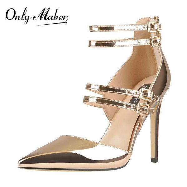 

onlymaker women's pointed toe black and gold ankle strap pumps buckle belts zipper stiletto party thin high heels sandals