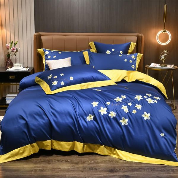 

bedding sets luxury classic bloom flowers embroidery 100% cotton set soft silky duvet cover flat/fitted sheet pillowcases 3/4pcs