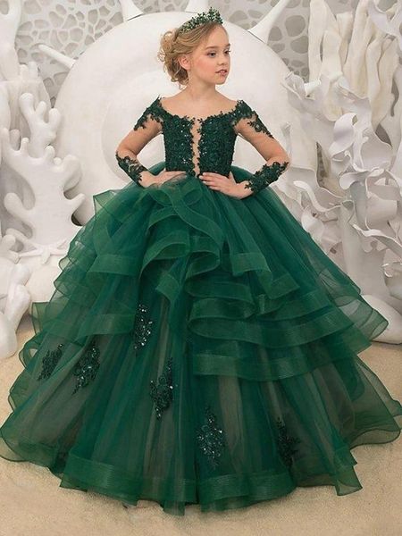 

girl's dresses 2021 green first communion kids evening applique beads long girls pageant party lace tulle flower girl gown, Red;yellow
