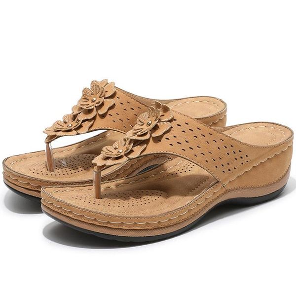 

sandals 2021 women bohemia style summer shoes heels flowers wedges sandalias mujer beach flip flops, Black