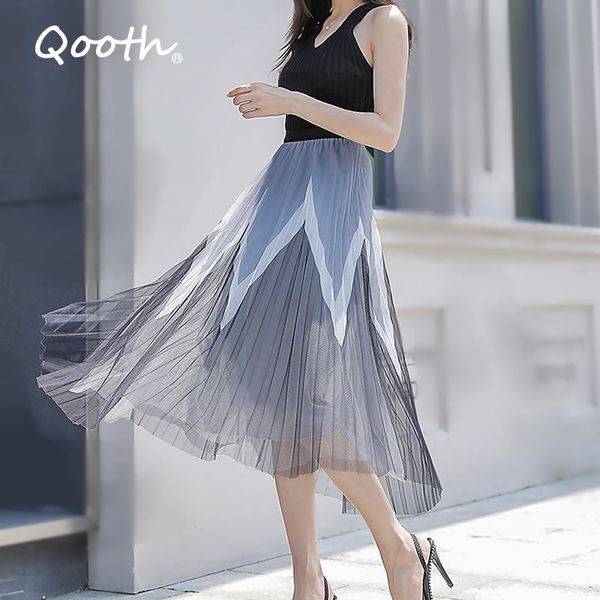 

qooth women tulle pachwork pleated skirts elastic waist mesh tutu skirt mid calf elegant skirt femmle 3 colors with lining qt155 210518, Black
