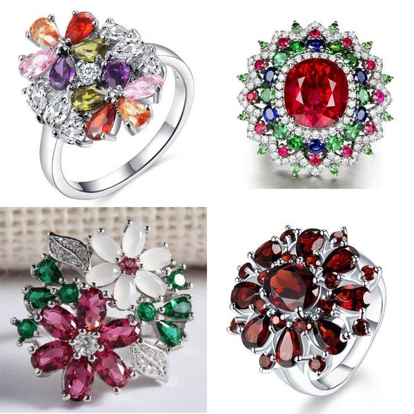 

wedding rings flower collection exquisite colorful cubic zircon engagement ring for women party jewelry hand accessories size 6-10, Slivery;golden