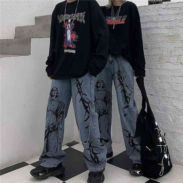 

harajuku pants streetwear printed women jean hippie denim pant korean wide leg vintage loose trousers woman, Blue