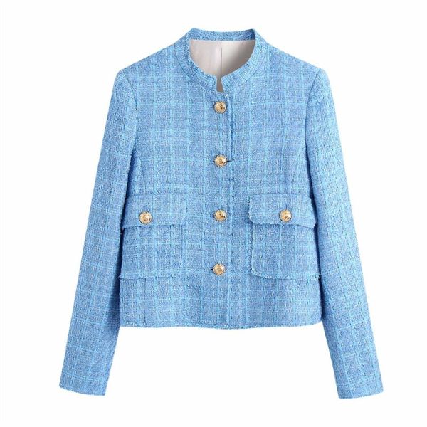 

women's jackets puwd vintage women pockets tweed blue 2021 autumn fashion ladies o neck single breasted outwear girls chic jacket, Black;brown