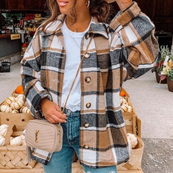 

women's jackets plaid jacket women oversize coat checkered loose shirt casual long outwear turn-down collar chaqueta mujer, Black;brown