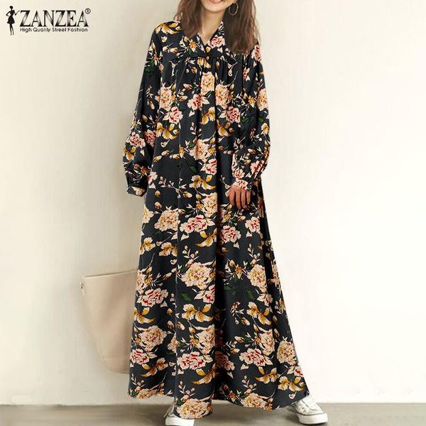 

casual dresses 2021 autumn printed vestido zanzea elegant v neck robe longue holiday vintage womens bohemian fashion floor dress, Black;gray
