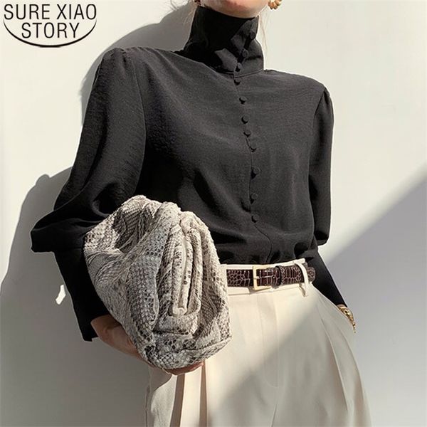 

turtleneck lantern sleeve shirts for women elegant black blouse office lady fashion button solid female clothing 12882 210506, White