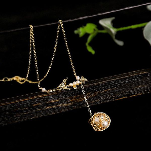 

pendant necklaces cute gold color bird branch neck chains for women vintage white freshwater pearl beads choker necklace wedding jewelry xlz, Silver