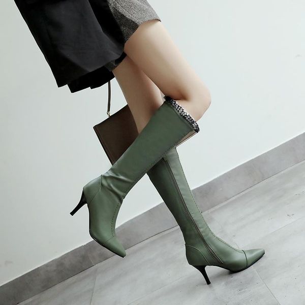 

arrivals women high boots side zipper pointed toe heels knee-high female fashion sweet women's shoes plus size 43, Black