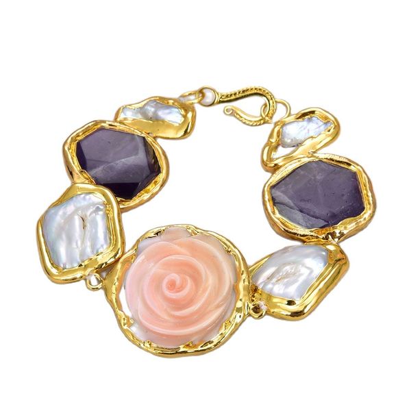 

guaiguai jewelry cultured white freshwater pearl amethysts pink queen conch flower gold color plated strand bracelet handmade for women real, Black